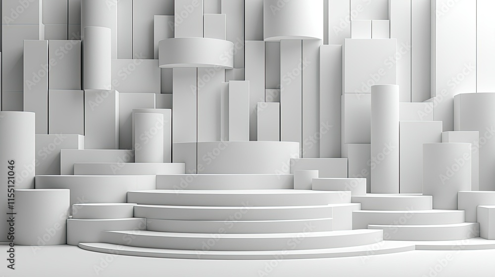 Poster abstract white geometric stage design with varying shapes and levels.