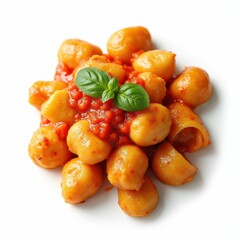 A plate of gnocchi topped with tomato sauce and basil leaves.