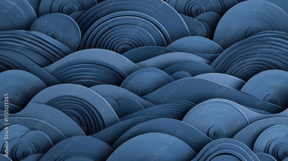 Poster abstract blue wave pattern design: layered circles and undulating forms in monochromatic palette