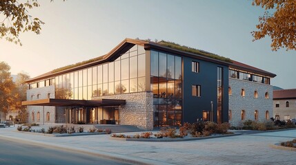 Obraz premium Modern glass and stone building at sunset.