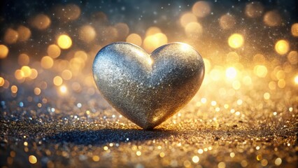 Obraz premium A shiny, metallic heart with a glossy finish, surrounded by a halo of sparkling glitter in a lower third composition