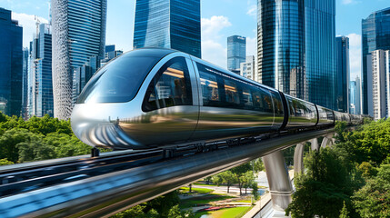 Naklejka premium A high-tech urban monorail system gliding through a futuristic cityscape with shimmering skyscrapers 