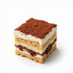 A layered dessert featuring cream, chocolate, and a cocoa dusting.