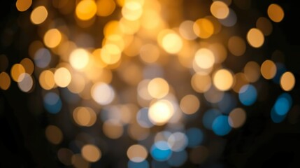 A de-focused abstract background featuring shimmering glitter lights in blue, gold, and black hues.
