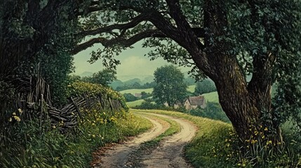 Fototapeta premium Winding Country Road Leading to Rural Farmhouse