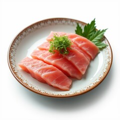 Slices of raw fish arranged on a plate, garnished with greenery.