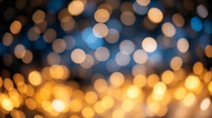 A de-focused abstract background featuring shimmering glitter lights in blue, gold, and black hues.
