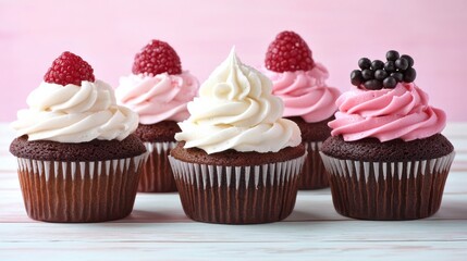 Delicious cupcakes with tasty toppings bakery food photography bright setting close-up shot