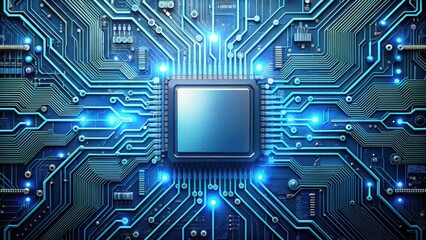 High-tech circuit board with wires and microchips in a futuristic abstract background, technology