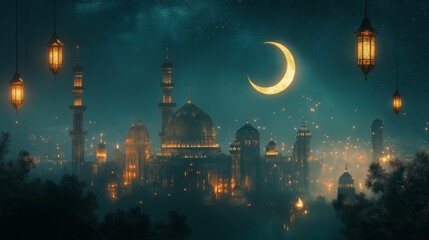Nighttime cityscape with a crescent moon and lanterns in the sky