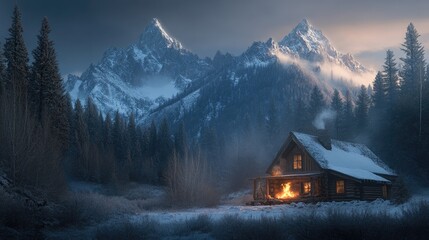 Fototapeta premium Cozy Cabin Firelight Winter Mountain Landscape