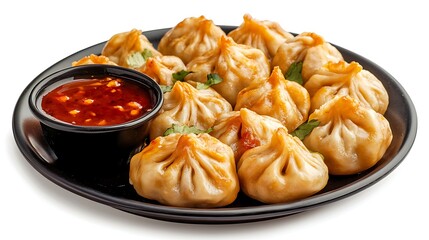 Chinese dumplings with sauce and vegetables on a white background
