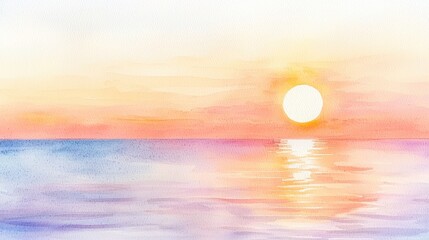 Fototapeta premium Serene Sunset Ocean Watercolor Painting Calm Sea Sky Horizon Sun