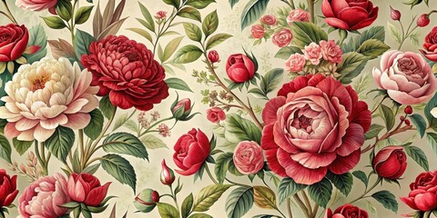 Vintage floral wallpaper with red roses and peonies, botanical illustration