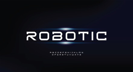 Geometric futuristic font, bold angular letters, tech robotic inspired design for gaming logos, sci-fi branding, innovative typography. Vector typeset
