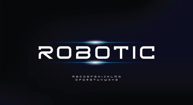 Geometric futuristic font, bold angular letters, tech robotic inspired design for gaming logos, sci-fi branding, innovative typography. Vector typeset
