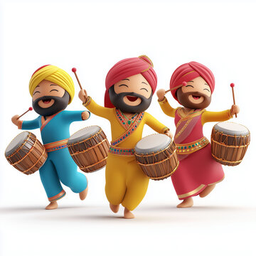 3D baraat celebration emoji, Punjabi wedding guests dancing with dhols, transparent background.