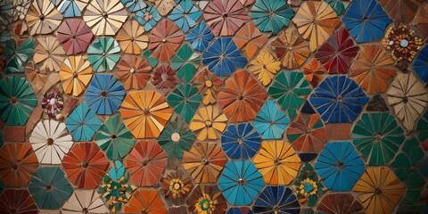 Colorful mosaic wall in an outdoor plaza.