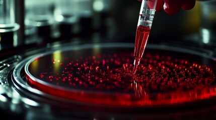a lab scientist analyzing blood samples with a pipette.