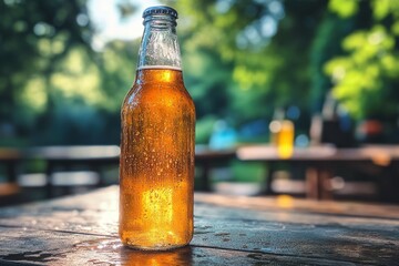 Cool Beer Bottle on a Wooden Picnic Table