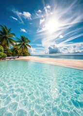 Fototapeta premium Tropical paradise, crystal clear turquoise water, white sandy beach, palm trees, bright sunburst, wispy clouds, vibrant blue sky, idyllic island scenery, shallow lagoon, calm ocean, sun rays, tropical
