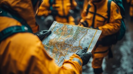 Rainy day rescue team strategizing outdoors with a map