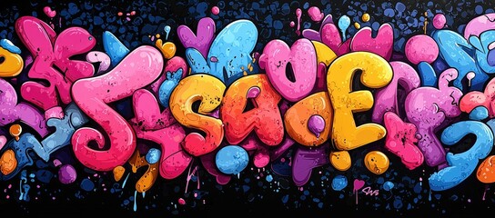 Colorful graffiti artwork featuring vibrant letters and shapes in a playful design.