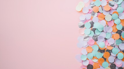 Top-down view of a colorful confetti decoration studio for creative celebrations