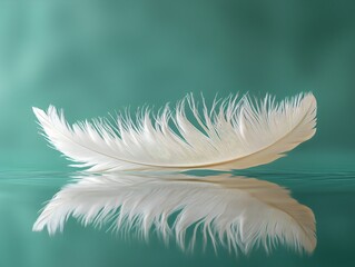 A delicate white feather floating gently on calm teal water with soothing ripples and subtle reflections, creating a peaceful ambiance. 