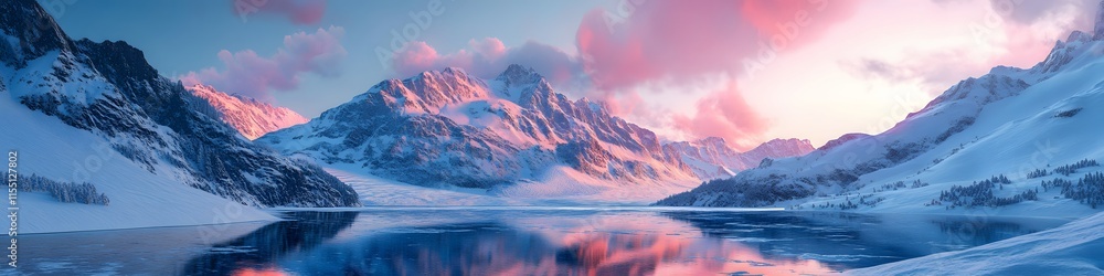 Poster panoramic view of the bow glacier cascading into bow lake. with vibrant reflections and snow-dusted 