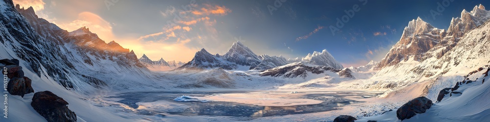 Poster panoramic view of the bow glacier cascading into bow lake. with vibrant reflections and snow-dusted 