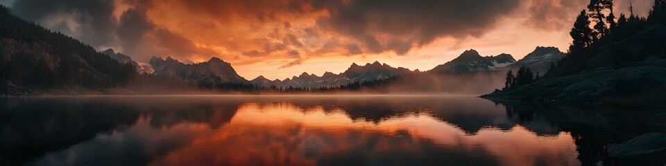Fototapeta premium Wide shot of Moraine Lake at sunrise. with the Valley of Ten Peaks glowing under fiery orange skies. in 4K resolution
