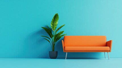 Modern living room showcase orange sofa and green plant against blue wall bright minimalist design