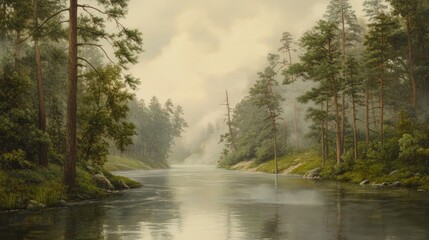 Obraz premium Serene River Flows Through Misty Forest Landscape