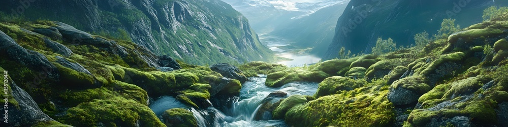 Poster Panoramic view of cascading streams leading towards Trolltunga. with vibrant green moss and jagged rocks glowing under soft light. in 4K resolution