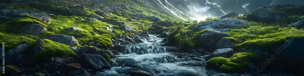 Aufkleber Panoramic view of cascading streams leading towards Trolltunga. with vibrant green moss and jagged rocks glowing under soft light. in 4K resolution