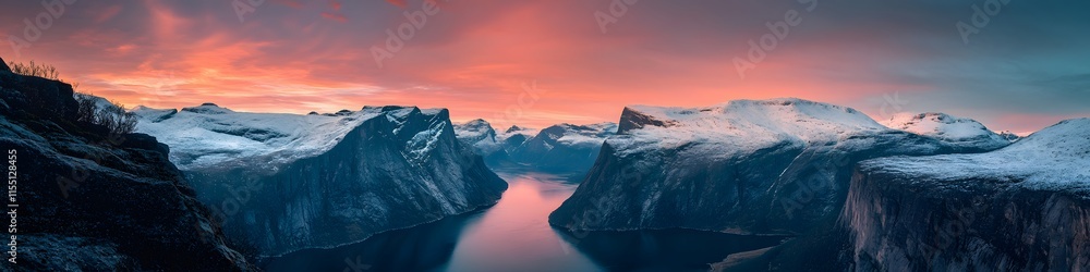 Poster Aerial panorama of Trolltunga surrounded by layers of cliffs and snow-dusted peaks glowing under twilight hues. in 4K resolution