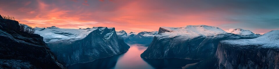 Fototapeta premium Aerial panorama of Trolltunga surrounded by layers of cliffs and snow-dusted peaks glowing under twilight hues. in 4K resolution