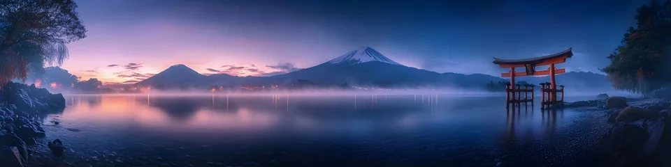 Fotobehang Panoramic view of a traditional Japanese torii gate standing in the waters of Lake Kawaguchi with Mount Fuji in the background. glowing under the soft light of dawn. in 4K resolution © cynz