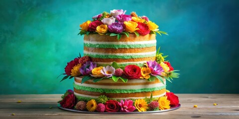 Vibrant colorful birthday cake with multiple tiered layers decorated with flowers and greenery, layers, tiers