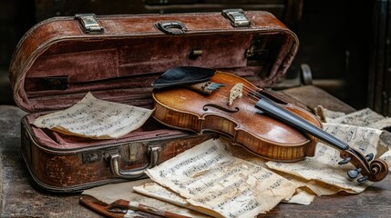 Obraz premium Antique violin rests inside worn case with old sheet music