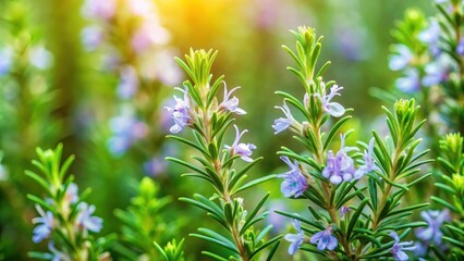 Obraz premium Fragrant rosemary blossoms scattered among lush green leaves and stems in a picturesque herb garden setting, garden, plant