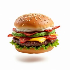 A delicious burger with layers of meat, cheese, lettuce, and bacon on a sesame seed bun.