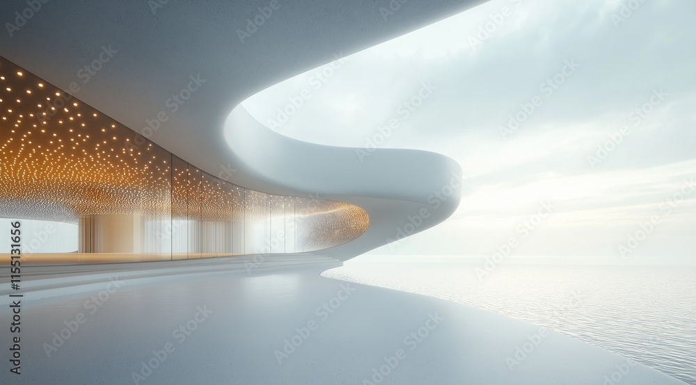 Poster 3d render of a sleek, white parametric architecture building with curved, fluid shapes. minimalistic