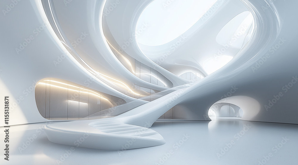 Poster 3d render of a sleek, white parametric architecture building with curved, fluid shapes. minimalistic