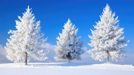 Obraz premium Three snow covered pine trees stand tall against a bright blue winter sky