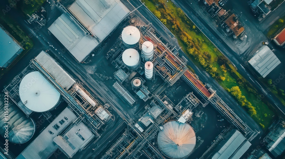 Poster aerial view of an industrial complex with large tanks and pipelines.