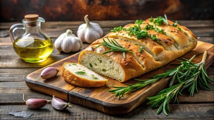 Crusty Italian bread with rosemary and garlic on a wooden cutting board, topped with olive oil drizzle and fresh rosemary leaves , Italian focaccia, wood