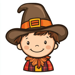 Cheerful cartoon scarecrow boy wearing a brown hat and plaid shirt, designed for fall harvest themes and children’s seasonal decorations and activities.