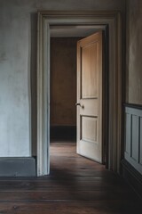 Open door to a dimly lit room with dark hardwood floors.